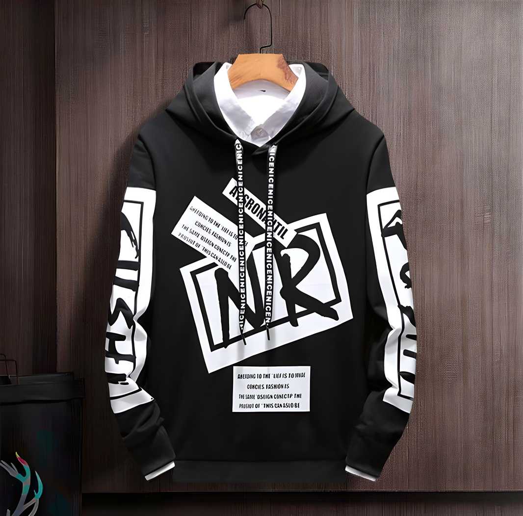 Cotton, Blend Printed Full Sleeves Mens Hooded Neck T-Shirt