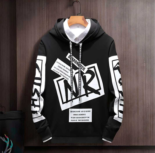 Cotton, Blend Printed Full Sleeves Mens Hooded Neck T-Shirt