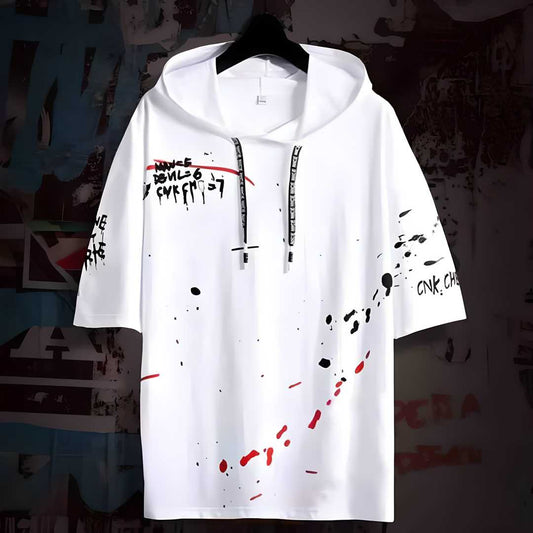 Cotton Color Block Half Sleeves Hooded Neck Men's T-Shirt.